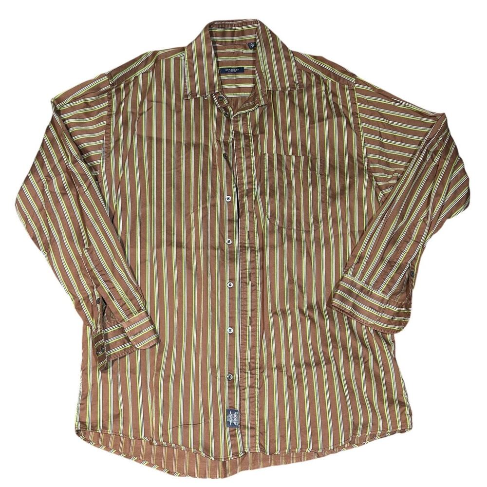 Burberry London Button Up Shirt Large Mens Brown Green Long Sleeve Cotton